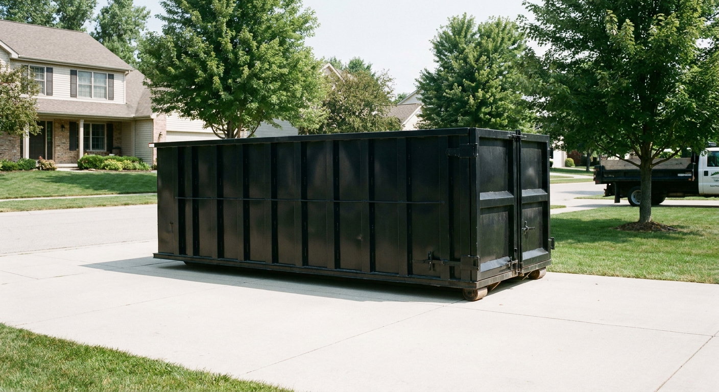 Matte-black 20-yard roll-off dumpster sitting level on a clean Four Oaks residential concrete driveway under bright daylight, demonstrating clean placement directly on the concrete.