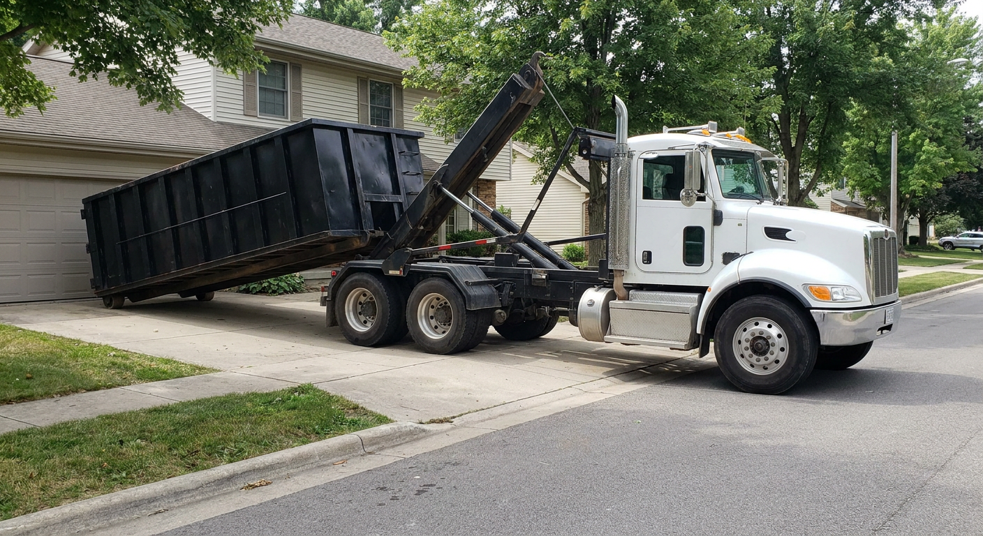 White-cab hooklift roll-off truck actively lowering a matte-black dumpster onto a Four Oaks residential concrete driveway, the dumpster's rear wheels touching the driveway as the hoist arm tilts the bed forward, mid-morning daylight.